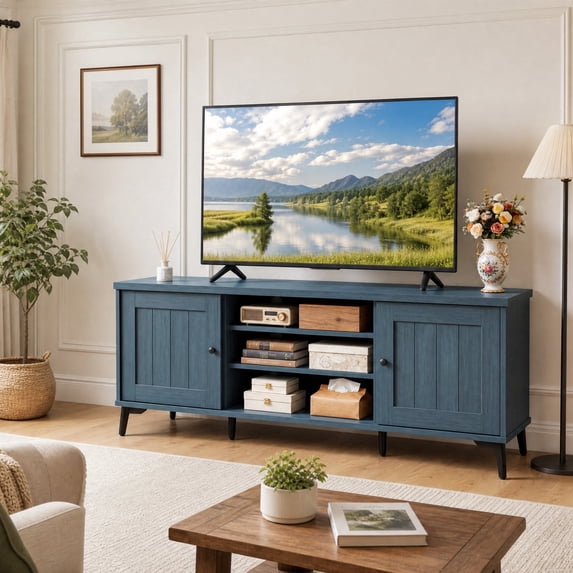 Mid Century Modern TV Stand for TVs up to 65 Inch, Entertainment Center with 2 Door & Open Shelf for Living Room, Bedroom,Turquoise