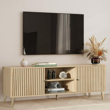 Mid-Century Modern TV Stand for TVs up to 70”, Sliding Door Wood Entertainment Center with Storage