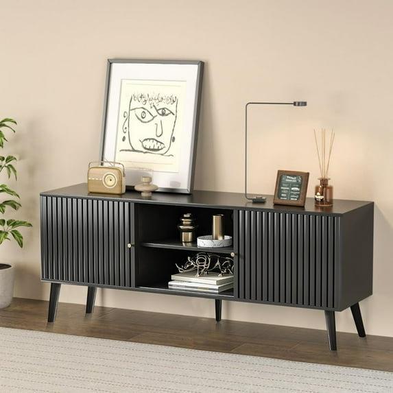 Mid-Century Modern TV Stand for TVs up to 70”, Sliding Door Wood Entertainment Center with Storage