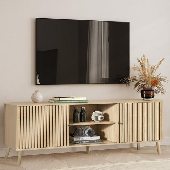 Mid-Century Modern TV Stand for TVs up to 70”, Sliding Door Wood Entertainment Center with Storage, Natural