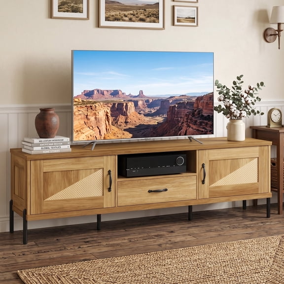 Mid Century Modern TV Stand for TVs up to 80", Rattan Media Console Table with 2 Door & Drawer,Natural