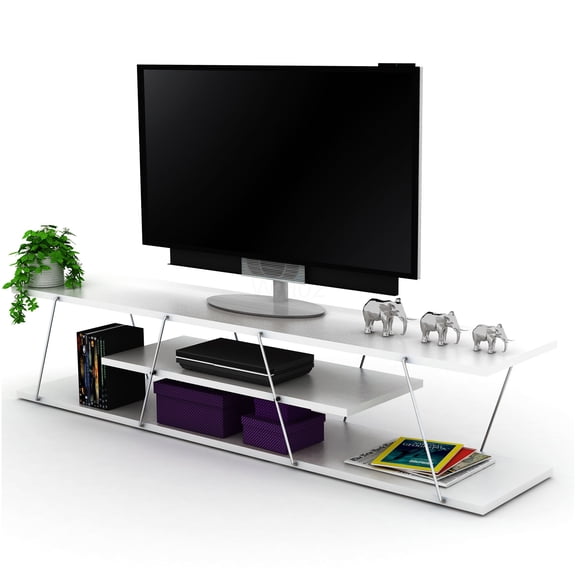 Mid Century Modern TV Stand with 4 Open Shelves, Entertainment Center for Living Room, White and Chrome Metal Frame, 56 Inch TV Console