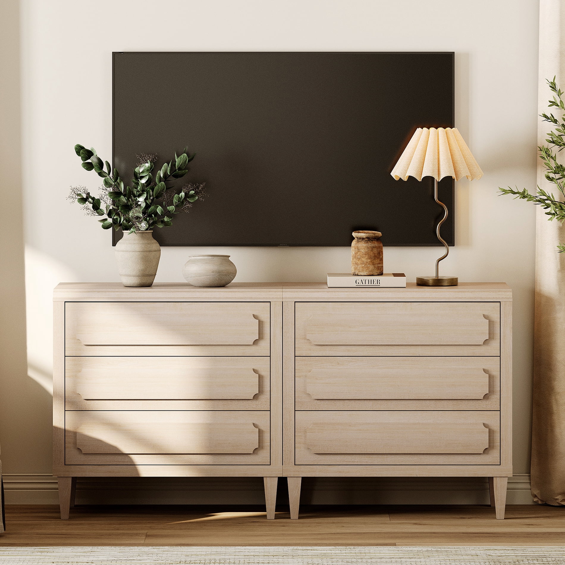Mid Century Modern TV Stand with 6 Drawers, Entertainment Center Media Console Table for Living Room Bedroom, Fit 75 Inch TVs