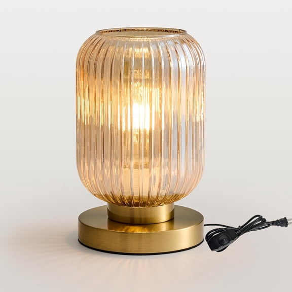 Mid Century Modern Table Lamp: Vintage Amber Ribbed Glass Globe Dimmable Plug in Small Bedside Lamps - Cute Brass Gold Side Table Lamp Nightstand Light for Bedroom Entryway Office Desk Living Room