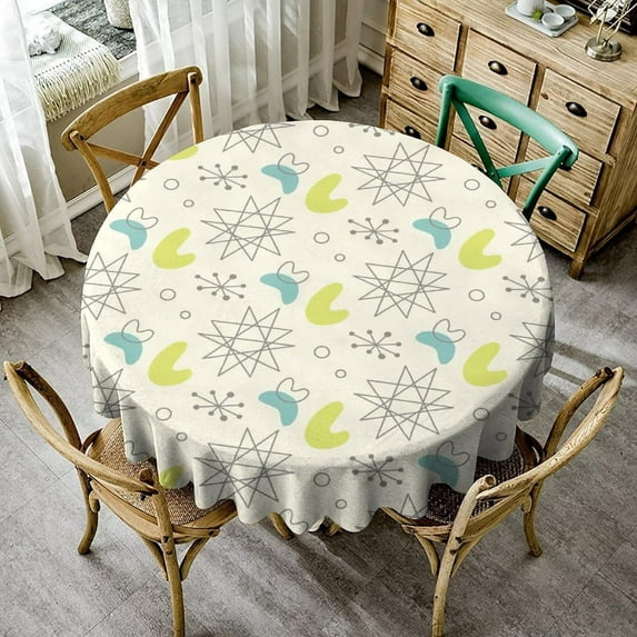 Mid Century Modern Tablecloth, 1950s Vintage Style Atomic Science Background Vintage Atomic Stars Pattern Table Cloth for Home Kitchen Dining Room Holiday Picnic Party, Round(60x60in)