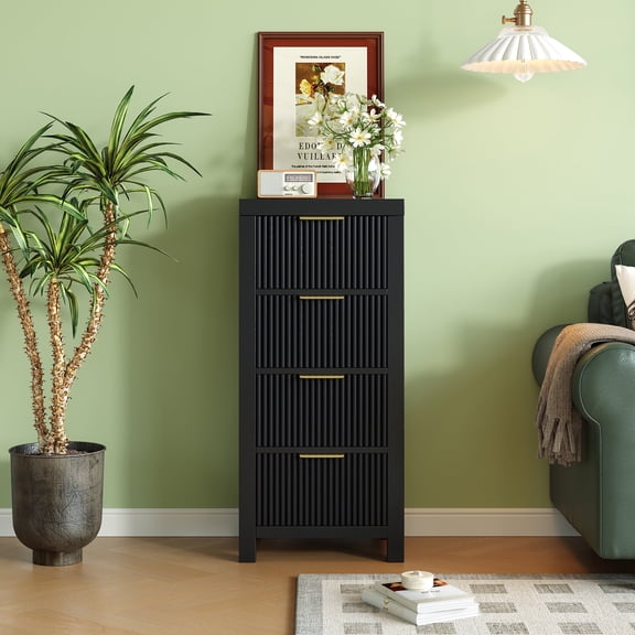 Mid-Century Modern Tall Wooden Dresser with 4 Spacious Drawers, Entryway Storage Chest with Smooth Metal Handles, Bedroom Clothes Organizer for Entryway, Office, and Small Spaces, Black