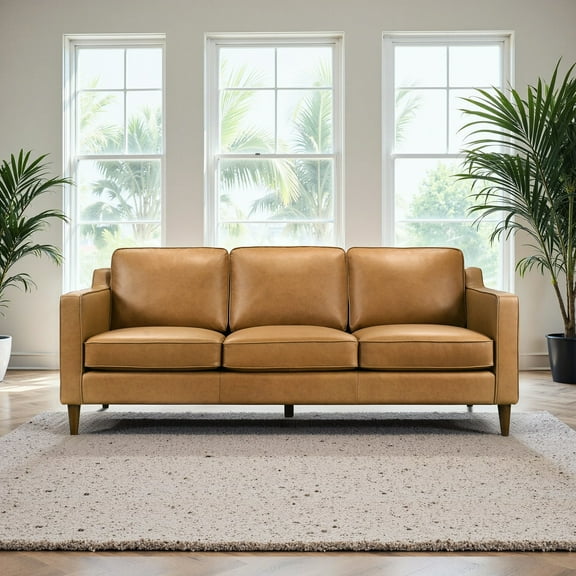 Mid Century Modern Tan Leather - 3 Seats, Easy Maintenance Build 3 Settee Organic Protected Upholstery