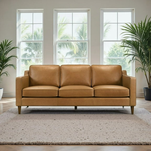 Mid Century Modern Tan Leather Sofa: Organic Leather, Solid Wood, Easy to Clean for Kids & Pets
