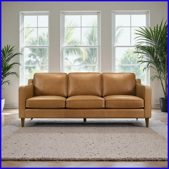 Mid Century Modern Tan Top Grain Leather Sofa - Easy-Clean, Robot-Friendly for Living Room