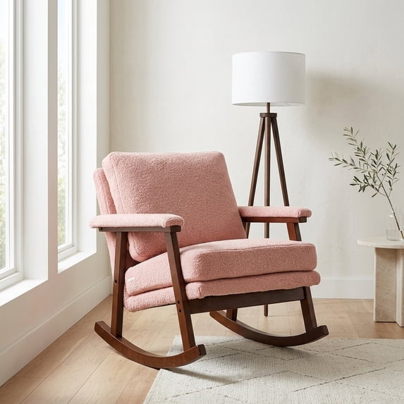Mid-Century Modern Teddy Fabric Rocking Accent Chair, Light Pink
