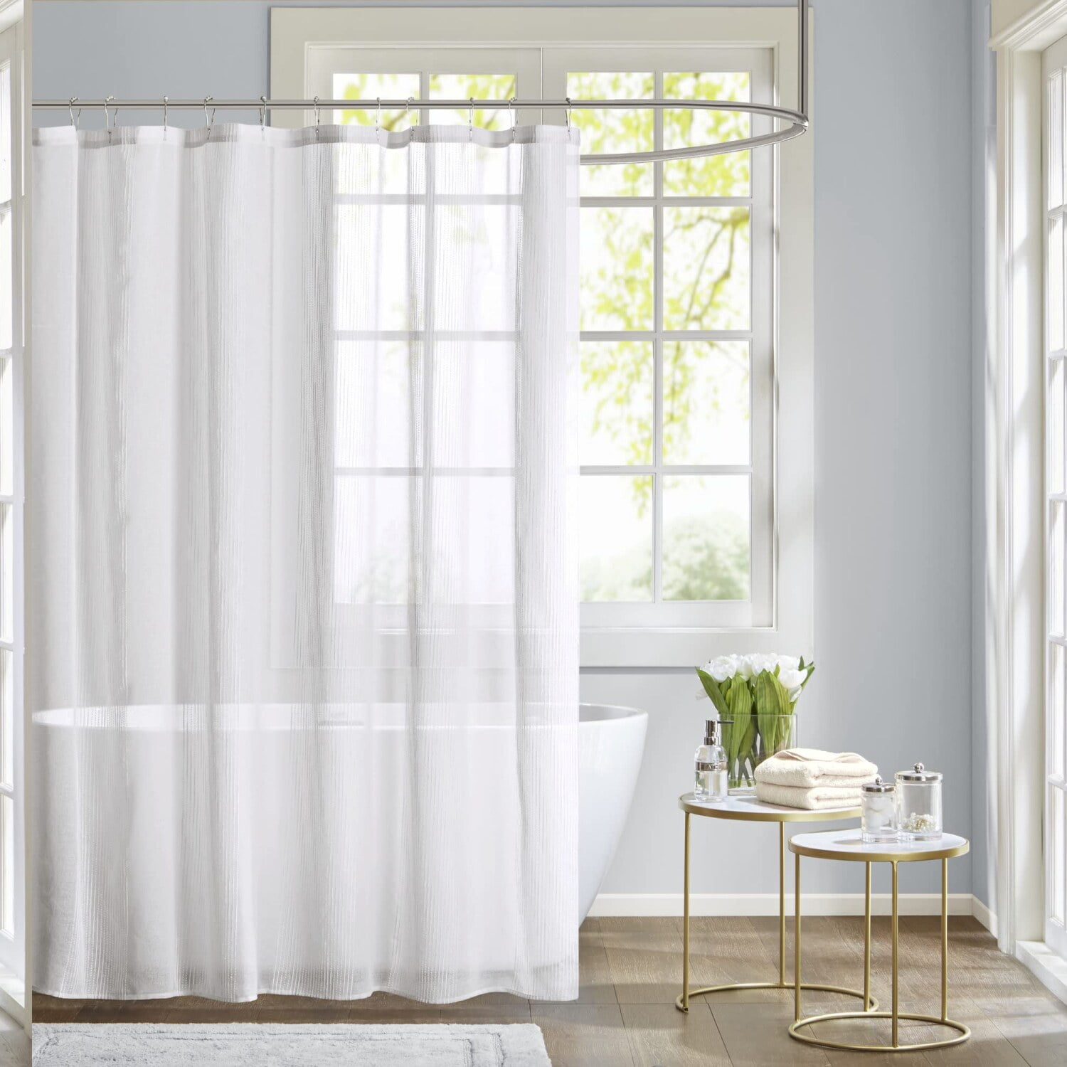 Ivory Sheer Striped Fabric Shower Curtain with Liner