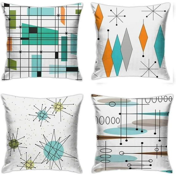 Mid-Century Modern Throw Pillows Abstract Retro Pillow Covers 20x20 Orange and Teal Throw Pillowcase Geometric Midcentury Modern Bedding Decor Set of 4