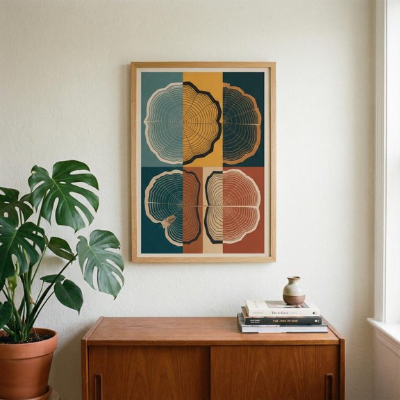Mid Century Modern Tree Ring Print Teal Mustard & Rust