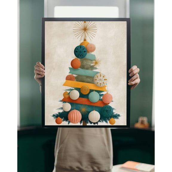 Mid-Century Modern Tree Wall Art, Retro, Atomic Style Minimalist Decor, Vintage Teal And Mustard Unframed Paper Print