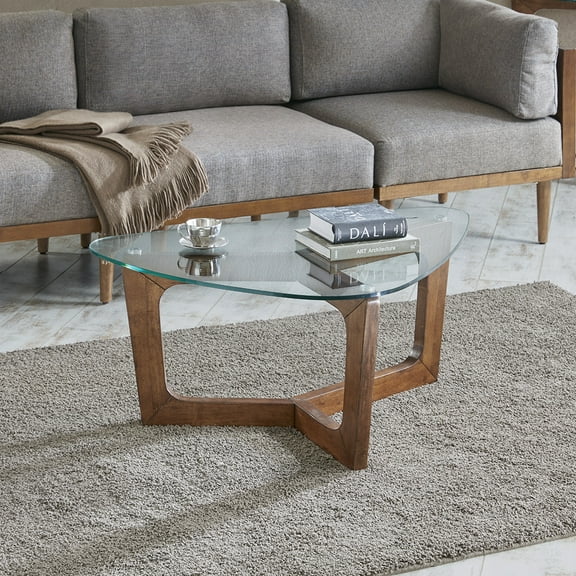 Mid-Century Modern Triangle Coffee Table - Pecan Solid Wood & Tempered Glass Top, 42"W x 28"D x 17"H, Brown, Durable & Stylish Living Room Furniture, Vietnam Origin
