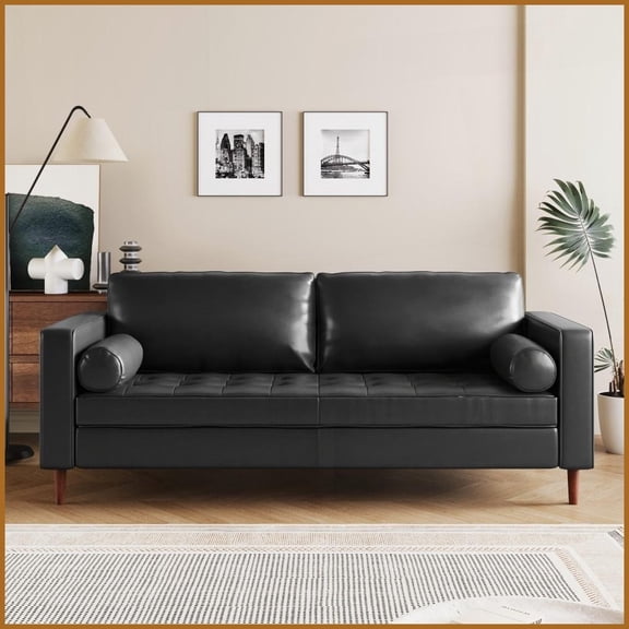 Mid-Century Modern Tufted PU Leather 3-Seat Sofa - Solid Wood Legs & 2 Bolster Pillows for Living Room/Home Office