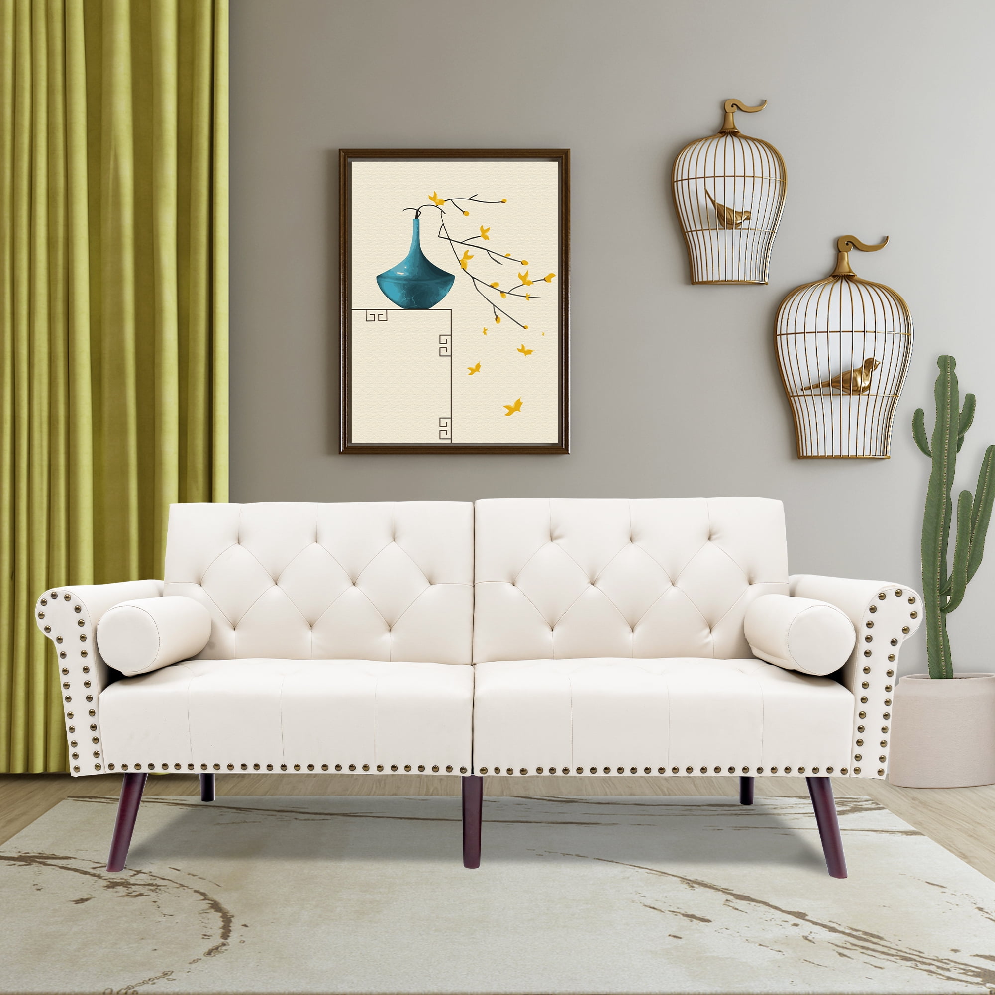MidCentury Modern Tufted Rolled Arms Sofa ,Beige Faux Leather