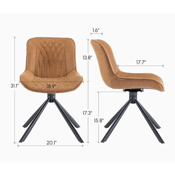 Mid-Century Modern Tufted Swivel Dining Chairs (Set of 2) - Brown Leather Upholstery, Metal Legs, 360 Rotating Accent Furniture for Dining Room & Kitchen