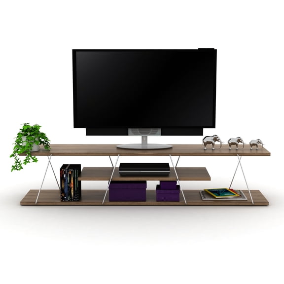 Mid Century Modern Tv Stand 4 Shelves Open Storage Metal Cords Entertainment Centre 56 inch Low Tv Unit, Walnut/Chrome