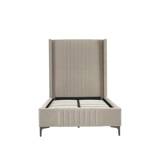 Mid-Century Modern Twin Bed Frame with Upholstered Headboard, Rustic Taupe Velvet Fabric, No Box Spring Needed