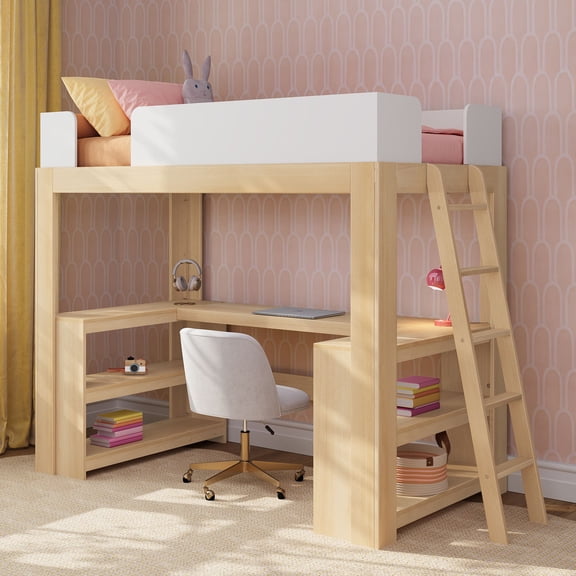 Mid-Century Modern Twin Loft Bed with Wraparound Desk and Shelves, Blonde/White