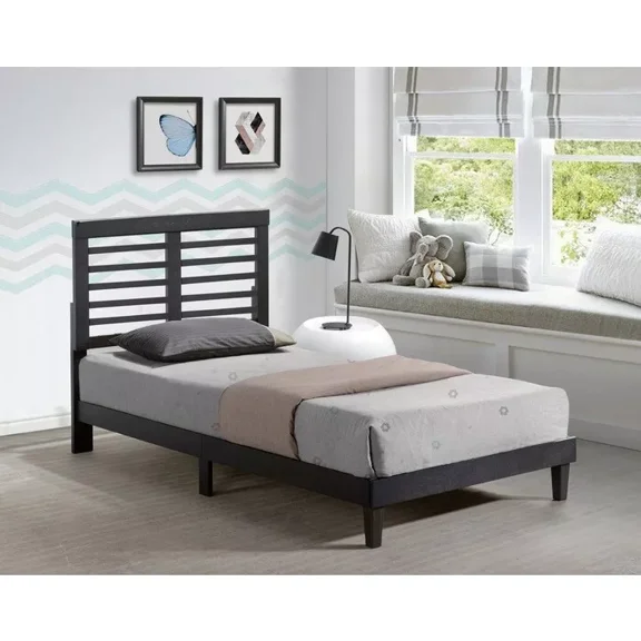 Mid-Century Modern Twin Size Wood Platform Bed, Slatted Headboard, Cappuccino