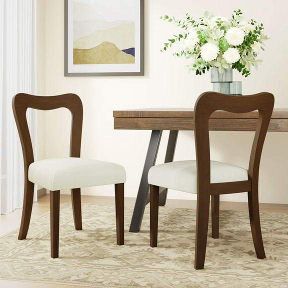 Mid-Century Modern Upholstered Dining Chair, Solid Wood, Walnut+Beige, Set of 2