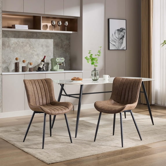 Mid Century Modern Upholstered Dining Chairs, 2 Pack Leather Upholstered Dining Chairs, Armless Kitchen Chair with Back & Metal Legs for Dining Room/Reception Waiting Room/Bedroom
