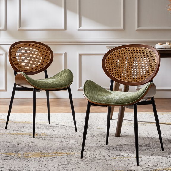 Mid Century Modern Upholstered Dining Chairs Set of 2 with Rattan & Breathable Mesh Back for Dining Room Kitchen Living Room Moss