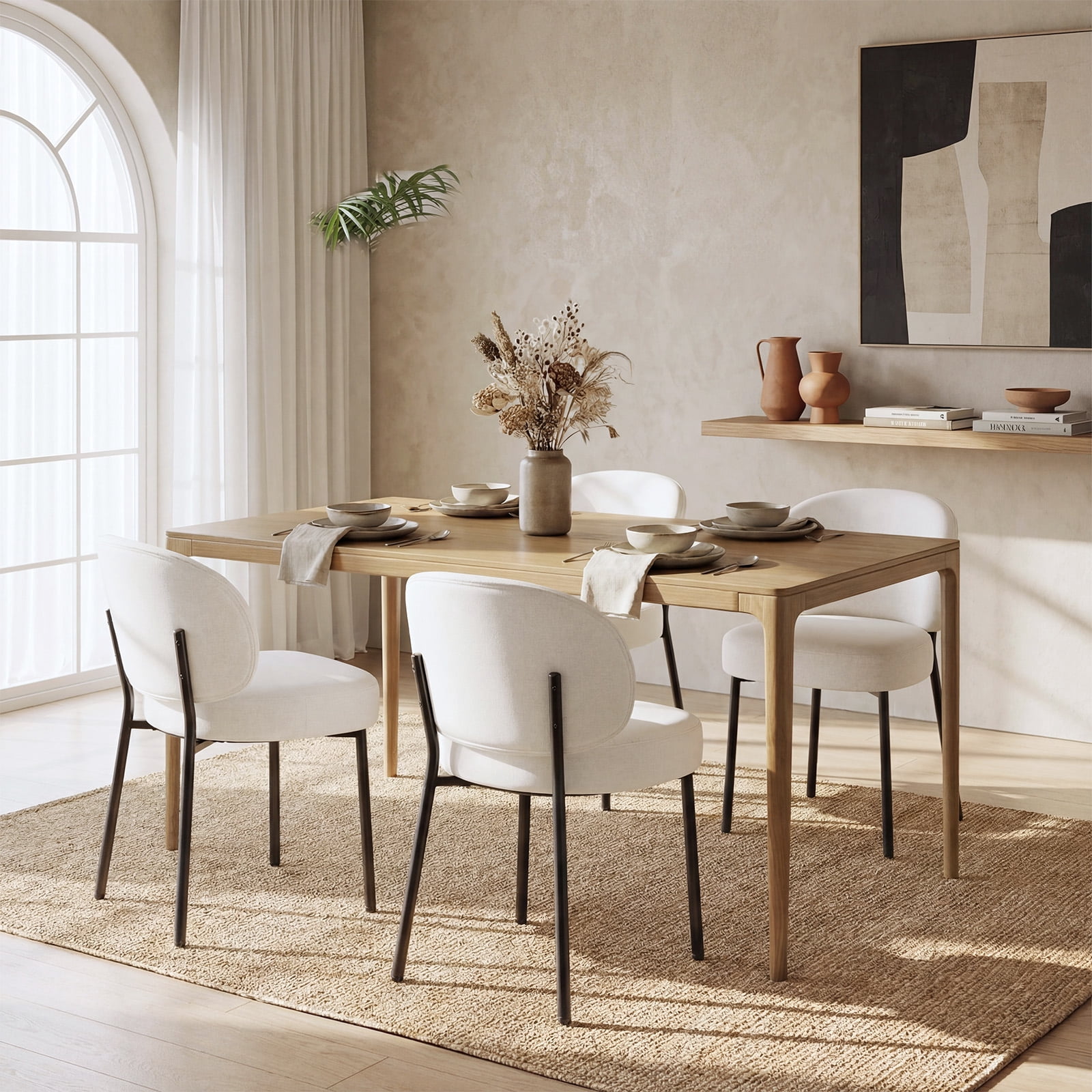 Set of 4 Upholstered Modern Dining Chairs, Mid Century Kitchen Chairs with Curved Backrest and Metal Legs for Dining Room, Living Room, Beige