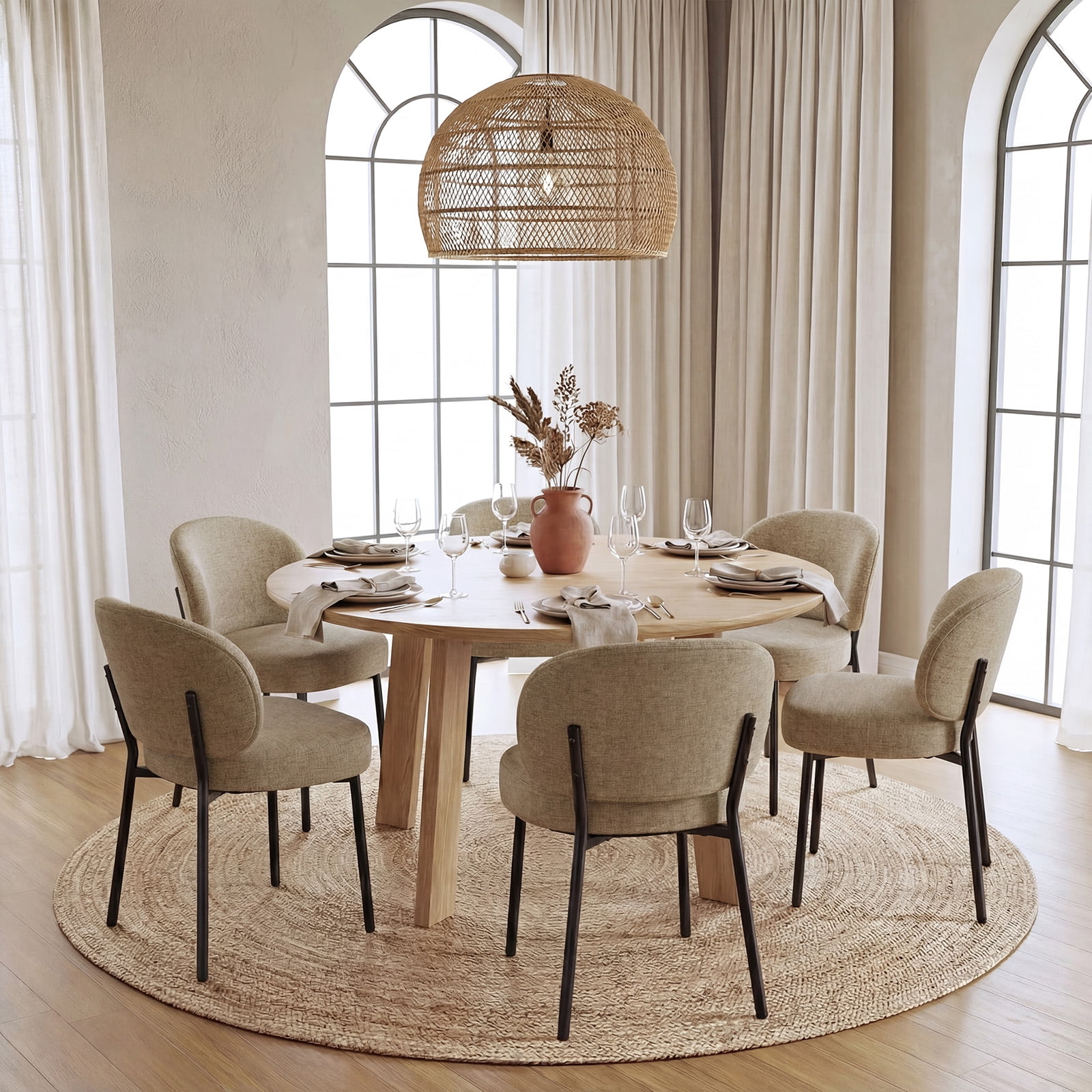Set of 6 Upholstered Modern Dining Chairs, Mid Century Kitchen Chairs with Curved Backrest and Metal Legs for Dining Room, Living Room, Camel