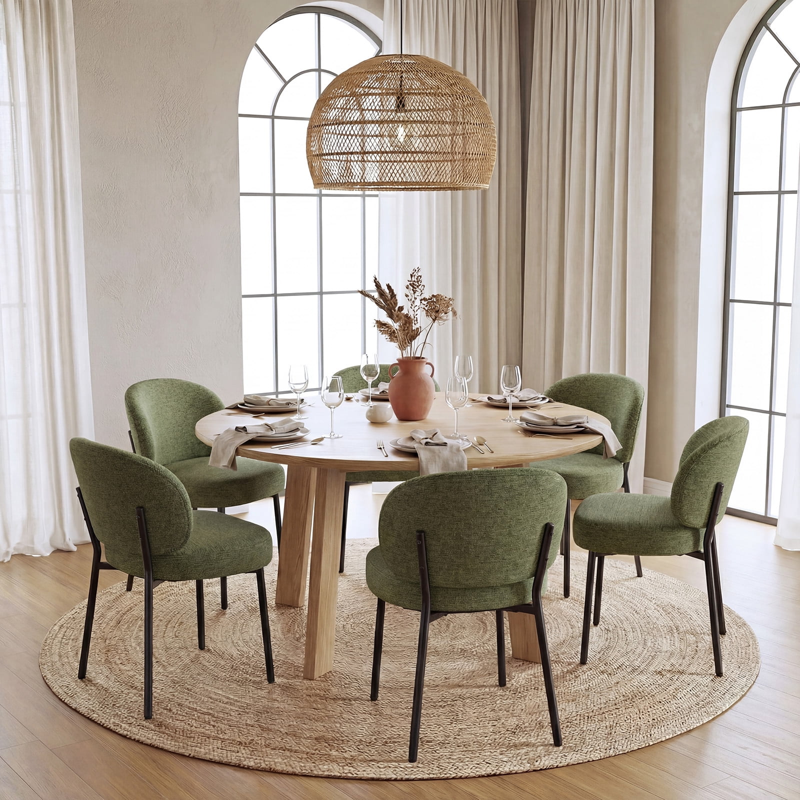 Set of 6 Upholstered Modern Dining Chairs, Mid Century Kitchen Chairs with Curved Backrest and Metal Legs for Dining Room, Living Room, Green