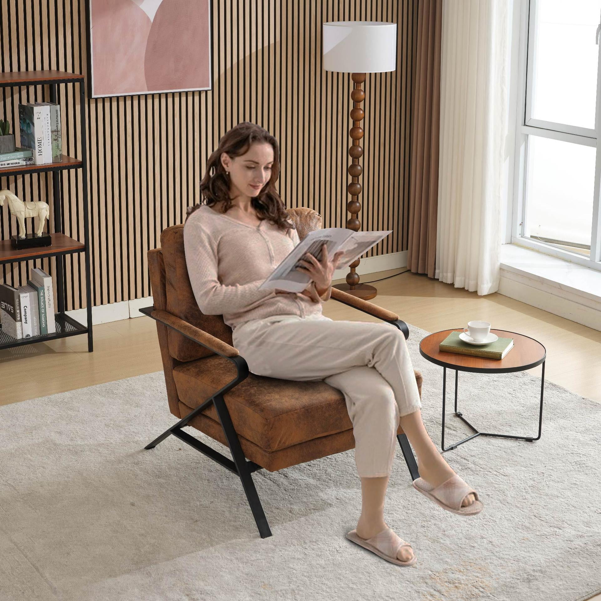 Mid-Century Modern Upholstered Lounge Arm Chair with Iron Frame and Thicker Cushion - Brown Accent Chair for Living Room, Reading, and Balcony