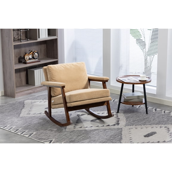 Mid Century Modern Upholstered Rocking Accent Chair with Wood Frame, Velvet Reading Armchair for Living Room Bedroom Sunroom, Black