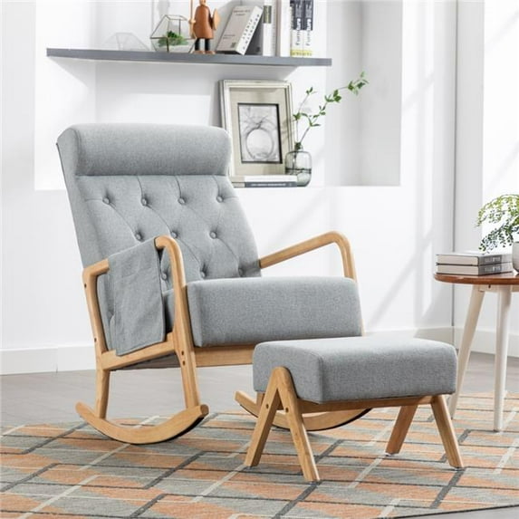 Mid-Century Modern Upholstered Rocking Chair with Ottoman, Light Grey