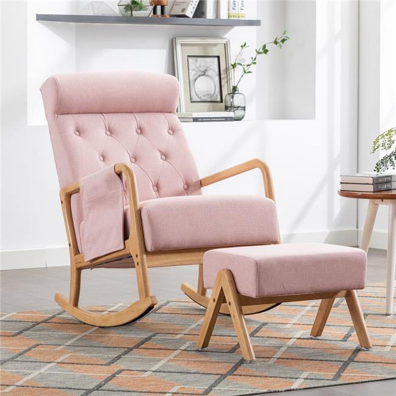 Pink Modern Rocking Chair Mid-Century Modern Upholstered Rocking Chair with Ottoman, Pink ...