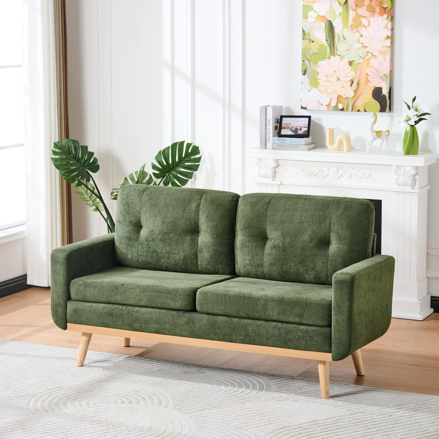 Mid-Century Modern Upholstered Tufted Loveseat Sofa, 67.7 Inch 2-Seater Couch with Solid Wood Legs for Living Room, Stylish, Green