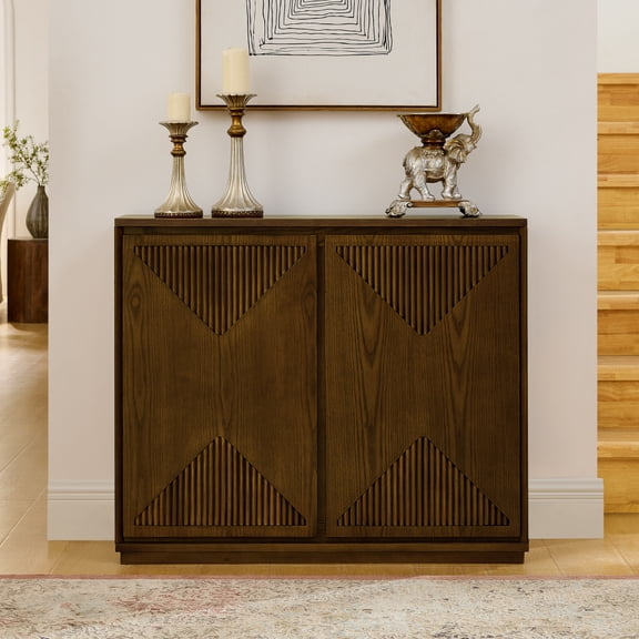 Mid Century Modern V-Fluted Storage Cabinet, Dark Walnut P2 MDF Buffet Side Cabinet with 2 Cable Holes, Narrow Accent Cabinet for Living Room, Kitchen Coffee Bar, Entryway