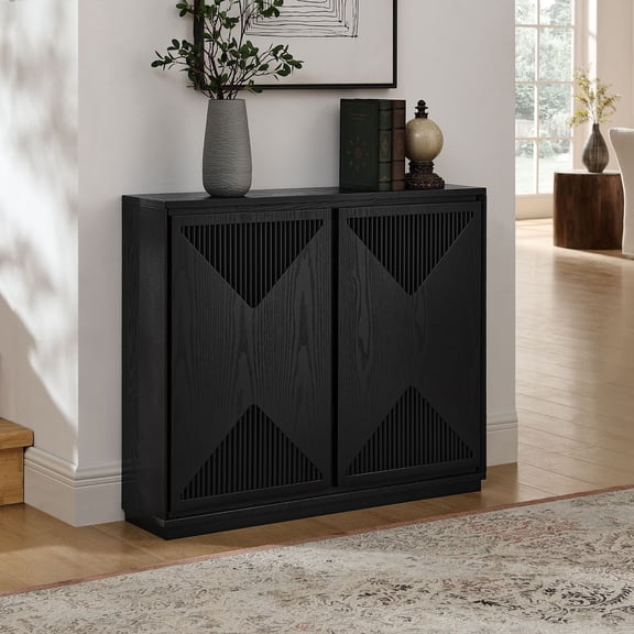 Mid Century Modern V-Shape Storage Cabinet, Dark Walnut Buffet for Slim Spaces in Living Room and Hallway，Black