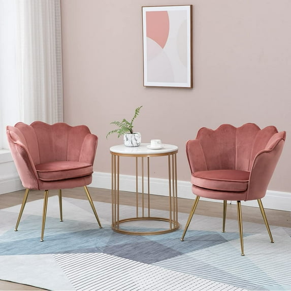 Mid Century Modern Vanity Velvet Chair for Living Room, Fabric Upholstered Arm Chair Guest Chair with Golden Metal Legs, Set of 2, Small, Pink