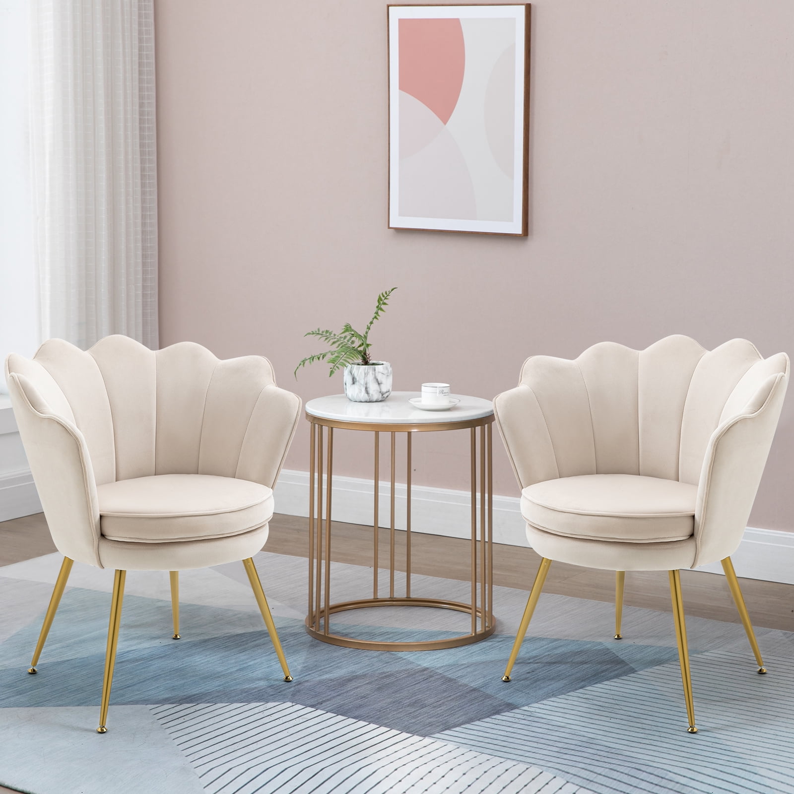 Mid Century Modern Vanity Velvet Chair for Living Room, Fabric Upholstered Arm Chair Guest Chair with Golden Metal Legs, Set of 2, Small, White
