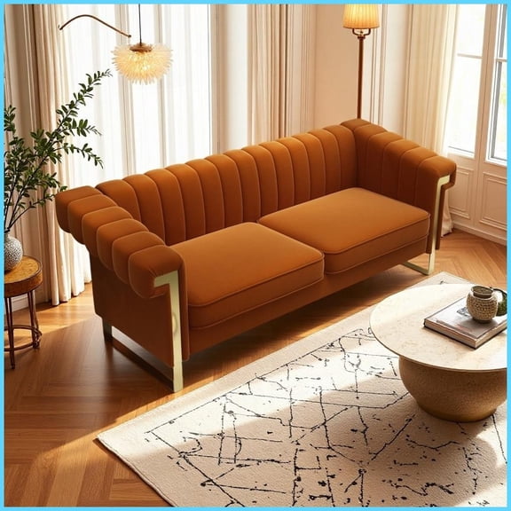Mid-Century Modern Velvet 3-Seater Living Room Sofa Vertical Channel Tufting, Gold Metal Trim & Deep Seating