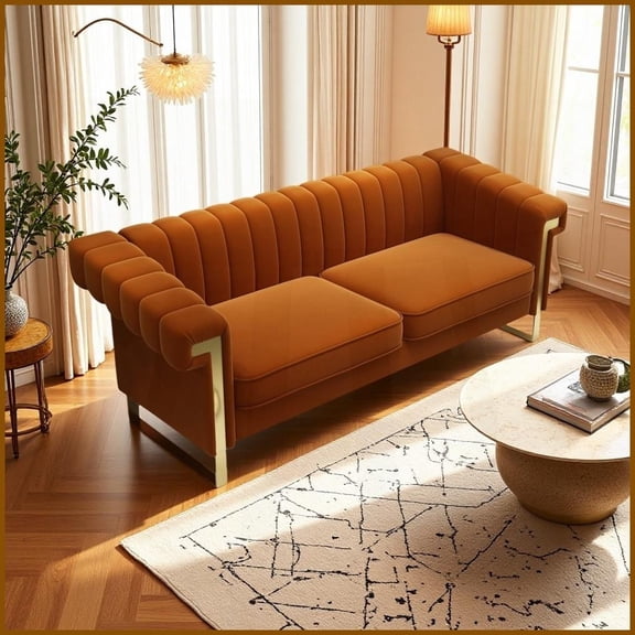 Mid-Century Modern Velvet 3-Seater Living Room Sofa  Vertical Tufting, Gold Metal Accents & Plush Deep Seating