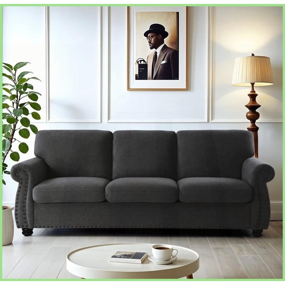Mid-Century Modern Velvet 3-Seater Sofa with High-Density Foam & Solid Wood Legs - Ideal for Living Room, Apartment, Office (Black)