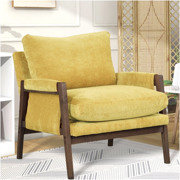Mid-Century Modern Velvet Accent Chair with Padded Armrests, Soft Cushion Seat, and Floor-Protecting Legs in Vibrant Yellow