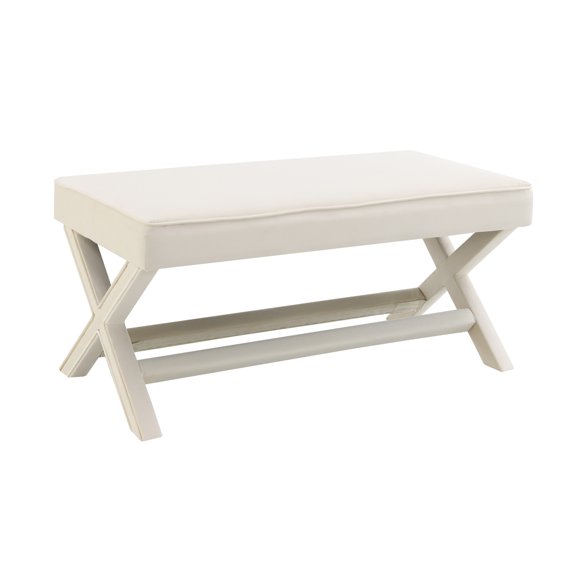 Mid-Century Modern Velvet Bench, Upholstered Ottoman Stool with Stylish X-Crossed Legs, Piped Comfort Cushion, Solid Wood Frame, Beige Accent Bench for Living Room Bedroom