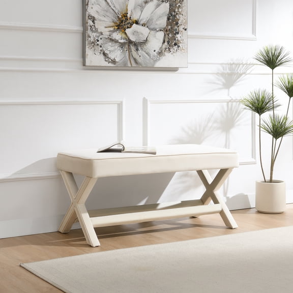 Mid-Century Modern Velvet Ottoman Bench, Comfort Padded Stool with X-Shaped Legs Multi-Use Accent Furniture, Beige