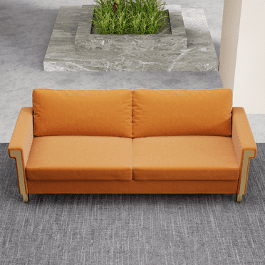 Mid-Century Modern Velvet Sofa with Flared Arms, Gold Metal Legs and Plush Cushions for Living Room, Orange - 2 Seat