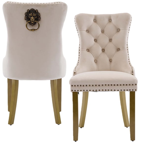 Jiayuan Song Mid-Century Velvet Dining Chairs, Black, Gold Solid Wood Legs & Lion Pulls, Set of 2