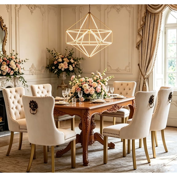 Jiayuan Song Mid-Century Velvet Dining Chairs,Beige, Gold Solid Wood Legs & Lion Pulls, Set of 2